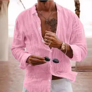 Men's Casual Cotton Blend Shirt Long Sleeve Solid Color Hawaii Beach Holiday Top For Summer Outdoor Vacation Regular Fit Lapel Button Down