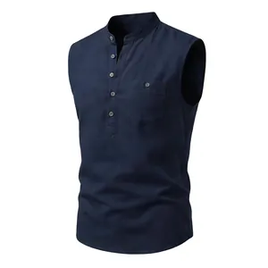 Detailed close-up view of a navy blue linen sleeveless Henley shirt with buttoned chest pocket