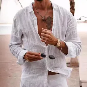 Men's casual white linen long sleeve beach shirt perfect for summer holiday resort wear