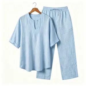 Set completo da uomo in lino azzurro due pezzi con top a V e pantaloni dritti