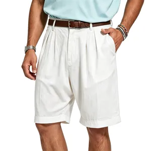 Men Casual Linen Shorts Old Money Style Breathable Pleated Straight Leg Mid Length Summer Vacation Beach Bottoms For Men