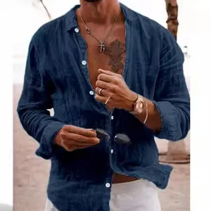 Men's navy blue long sleeve beach shirt with breathable linen texture for summer holidays