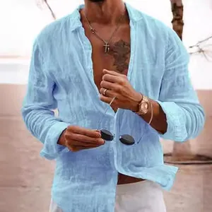 Men's light blue long sleeve linen beach shirt for summer holiday and tropical vacation