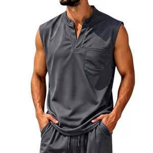Detail view showing breathable mesh fabric on men's V-neck quick-dry sleeveless vest