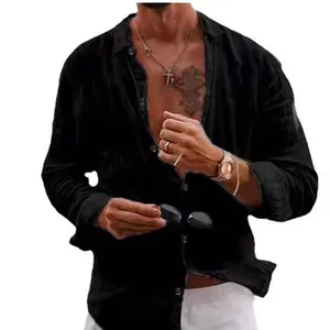 Men's casual black long sleeve linen beach shirt for summer Hawaiian holiday outfit