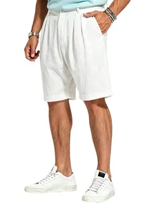 Detail view of men's white linen shorts featuring a breathable straight-leg cut