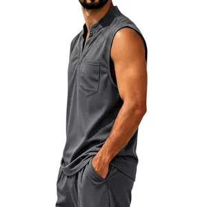 Side view of grey men's quick-dry sleeveless top with V-neck and pocket detail