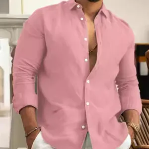 Elegante camicia da uomo in lino rosa a maniche lunghe perfetta per l'estate e la spiaggia