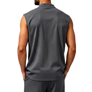 Back view of men's quick-dry sleeveless casual top in breathable dark gray fabric