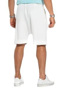Detail back view of men's white breathable linen shorts with relaxed fit and side pockets