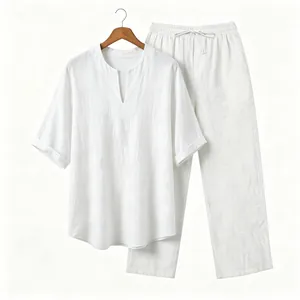 Set due pezzi da uomo in lino bianco con camicia scollo a V e pantaloni con coulisse