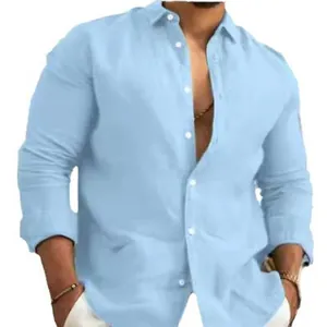 Camicia classica in lino celeste da uomo a maniche lunghe per la spiaggia estiva