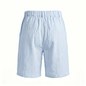 High-quality detail of men's breathable light blue linen shorts with elastic waistband