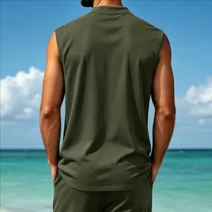 Back view of men's quick-dry olive green sleeveless tank top at the beach