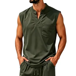 Detail view of olive green quick-dry sleeveless V-neck top with breathable mesh texture