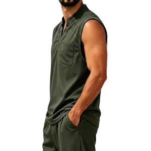Close-up of men's breathable quick-dry V-neck sleeveless casual top in dark green