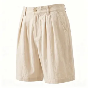 Detailed view of men's breathable beige linen pleated shorts for summer vacation style