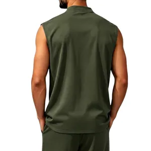 Back view of men's quick-dry olive green sleeveless top with breathable mesh texture