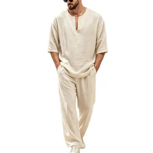 Completo uomo in lino casual con top scollo a V a maniche medie e pantaloni larghi dritti