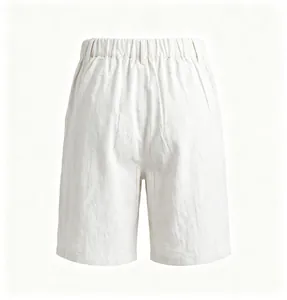 Back view of men's white linen shorts showing elastic waistband and breathable fabric