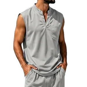 Men's breathable quick-dry V-neck sleeveless casual top in light grey summer style