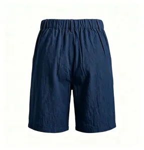 Rear view of men's navy blue breathable linen shorts with elastic waist and textured fabric.