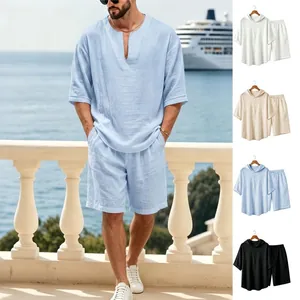 Hombres Lino Top Y Bottom Transpirable Casual Cuello en V Manga Media Top Pantalones Cortos Vacaciones Playa Conjunto Verano