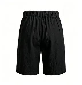 Back view of men's breathable black linen shorts with elastic waist and straight cut
