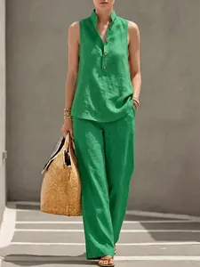 Women Sleeveless Stand Collar Button Top And Bottom Wide Leg Pants Polyester Woven Summer Casual Solid Color Elegant Style Clothes