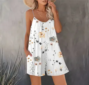 Casual white floral print sleeveless romper with pockets for a comfortable summer look.