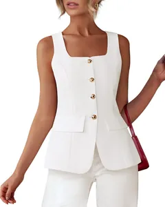Close-up of white square neck vest with single-breasted gold buttons and pockets