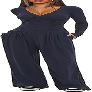 Women's deep blue V-neck long sleeve lounge set with high waist wide leg pants