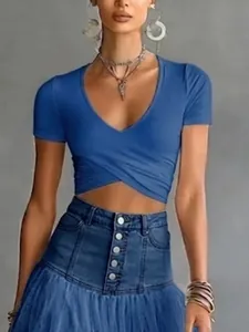 Women Sexy V Neck Short Sleeve Wrap Front Crop Top Summer Polyester Slim Fit Solid Color Polyester Top For Casual Streetwear