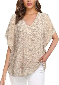 Elegante damesblouse met bloemenprint, V-hals en soepele ruches mouwen voor dagelijks gebruik.