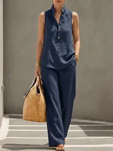 Blue sleeveless button top and wide-leg trousers linen set for women summer outfit
