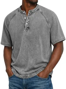 Detail view of a vintage grey distressed cotton Henley shirt for men with buttons.