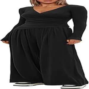 Women's 2-piece black lounge set featuring a V-neck wrap top and flowy wide-leg pants