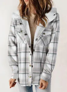 Close-up of women's plaid hooded jacket with warm fleece lining and button closure