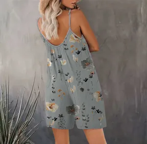 Rear view of a grey floral print sleeveless romper showing thin camisole straps