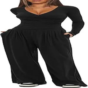 Close-up of women's black V-neck long sleeve top and wide-leg trousers set