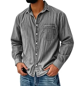 Detail view of a vintage washed grey long-sleeve denim shirt for men in workwear style.