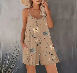 Detail shot of a casual women's floral print sleeveless jumpsuit with spaghetti straps and pockets