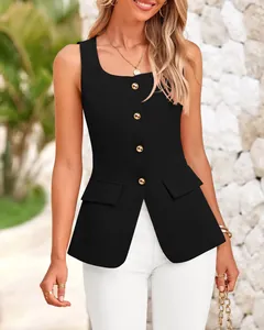 Detail view of a black slim-fit sleeveless vest top with gold buttons and square neck