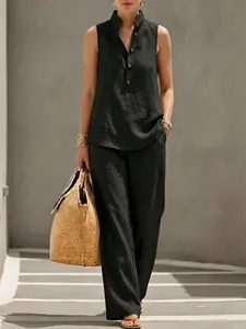 Detail view of women's sleeveless stand collar top and wide leg pants linen-style set