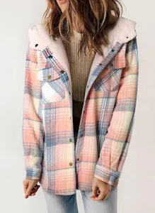 Cozy women's plaid hooded fleece jacket with soft lining and colorful checkered pattern