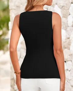 Detailed back view of a minimalist slim-fit black sleeveless vest top for fashion women