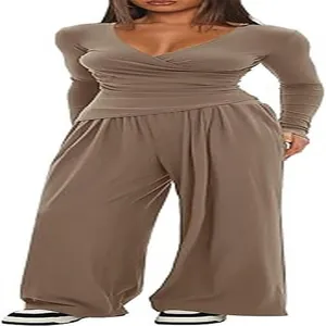 Full view of women's taupe V-neck long-sleeved top and wide-leg trousers set