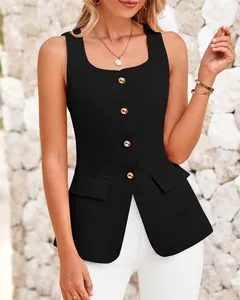 Detailed shot of a women's slim fit black square neck sleeveless vest with gold buttons
