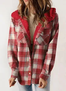 Women's cozy red plaid hooded jacket featuring fuzzy fleece lining and buttoned front pockets.