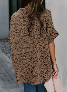 Detailed back view of a brown leopard print polo shirt featuring a button-down closure